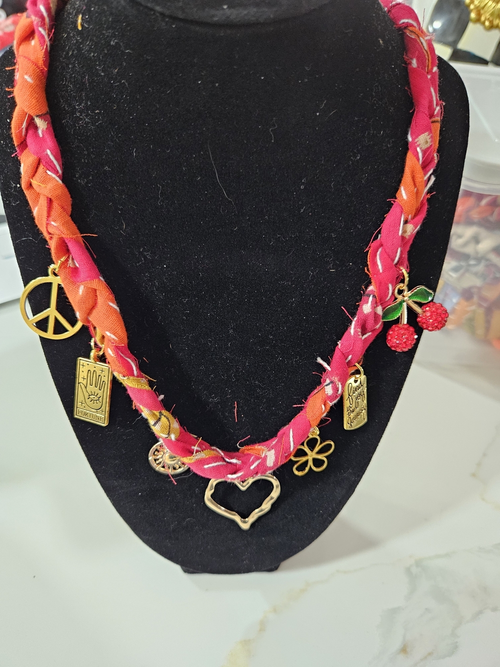 Braided Dark Red and Orange Charm Necklace - Women Jewelry